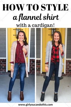 How to style a flannel shirt with a cardigan! Click to get a closer look and/or to shop these looks!  #girlyoucandothis #girlyoucanwearthis #fallfashion #cardigan #flannel #flannelshirt #outfitideas #howtostyle How To Dress Up A Flannel For Work, Flannel Shirt Outfit Women 2022, Red Black And White Flannel Outfit, Flannel With Cardigan Outfit, Red Flannel Outfit Fall, Wearing Flannel Women, Flannel Shirt Outfit Fall, Dressing Up A Flannel Shirt, Flannel And Cardigan Outfits