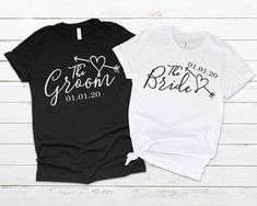 two t - shirts that say, the groom and the bride are on top of each other