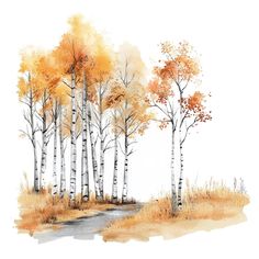 a watercolor painting of trees with yellow leaves