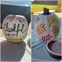 two pumpkins with the words grateful painted on them and one has a bowl full of paint