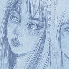 a drawing of two women with long hair and one has her eyes closed to the side