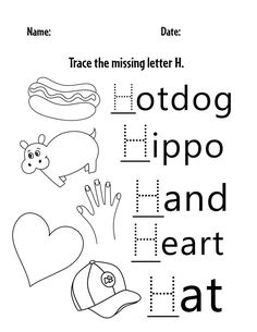 trace the missing letter h with pictures to color