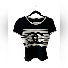 Excellent Condition. Open Back. Runs Small. Size:36 Us:S Chanel Knit Top, Chanel Closet, Knitted Top, Open Back, Knit Top, Chanel, Black White, Womens Tops, Tops & Tees