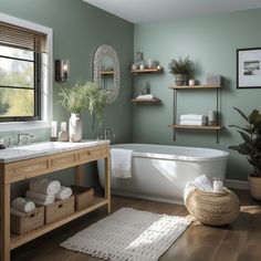 a bathroom with green walls and white fixtures, including a bathtub in the center