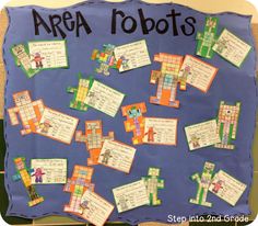 a bulletin board that has been decorated with images of people and words on it, along with the word area robots