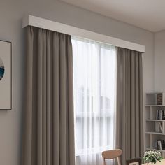 a living room filled with furniture and a window covered in drapes next to a book shelf