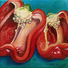 an oil painting of two red peppers