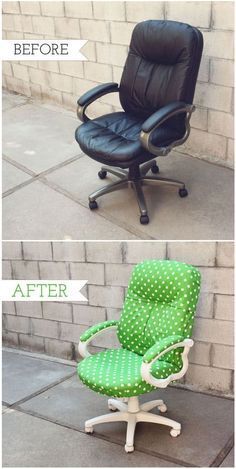 an office chair with green polka dots on it, before and after reupholing