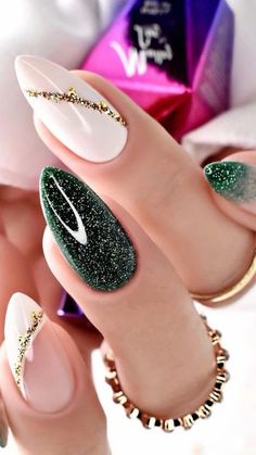 Christmas   • Christmas nails  • Winter nails  • White nails  • Milky white   • Nail design  • Green nails   • Acrylic nails Emerald Nails, December Nails, Green Nail Designs, Heart Nail, Christmas Gel Nails, Xmas Nails, Elegant Nails, Classy Nails