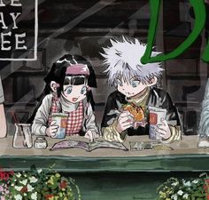 two people sitting at a table with drinks in front of them and an anime character standing next to them