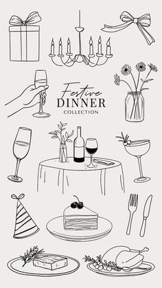 a black and white drawing of a table with food, wine glasses and plates on it