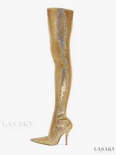 Lasaky - Womens Thigh-High Boots in Light Gold - Pointed Toe, Bright Leather, and Sequined Winter Footwear Luxury Leather Thigh High Heeled Boots, Luxury Sequin Women's Boots, Luxury Gold Leather Boots, Luxury Gold Boots With Pointed Toe, Luxury Thigh High Leather Boots, Luxury Leather Thigh High Boots, Luxury Gold Heeled Boots, Womens Thigh High Boots, Winter Footwear