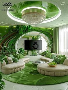 a living room filled with lots of green furniture