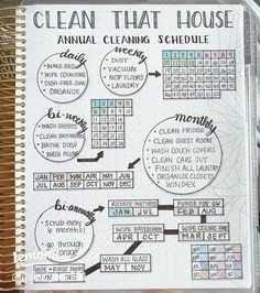 a spiral notebook with the words clean that house written on it