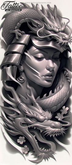 a woman with a dragon tattoo on her face and head, in black and white