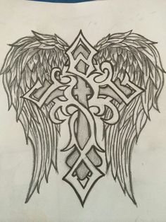 a drawing of an angel's wings and cross with swirls in the middle