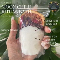 **Current Processing Time is 5-8 business days for all orders.  Once an order is placed we do not issue refunds or cancellations**  Our Moon Child bath salts were made under the full moon which represents completion and celebration, as well as releasing and shedding of the old to pave way for a whole new cycle.  Ritual baths are full of sacred intention and can help you symbolically and literally detox, release and let go of things that are holding you back from manifesting.  Our Moon Child soak is infused with grapefruit, elderberry, sage, lemons and dark rose petals to help release.  This bath was created on a full moon therefore, you do not necessarily have to use it on a full moon. Available in: 3oz. & 8oz.  (1oz. sizes are available on my Website) Disclaimer ~ Our Bath Salts are made Witchy Bath Ritual, Witch Bath Salts, Diy Bath Soak Recipes, Witch Bath, Bath Salts Diy Recipes, Release And Let Go, Herbal Bath Soak, Cleansing Bath, Let Go Of Things