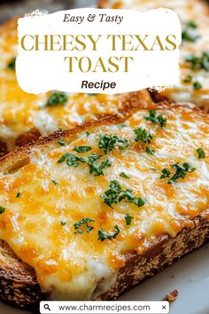 cheesy texas toast on a white plate with text overlay that reads easy and tasty