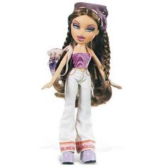 a doll with long hair and purple shoes