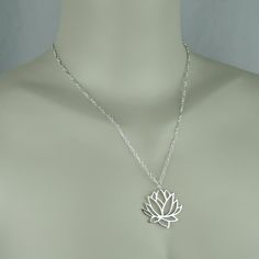 "Sterling silver large Lotus Flower pendant necklace on a fancy cable sterling silver chain. The lotus pendant measures 1 1/8\" tall. All jewelry parts are 925 solid sterling silver. Send jewelry gifts direct with free gift box and note. Lotus ~ Represents beauty, purity, and non-attachment like a floating lotus flower. A symbol for centers of consciousness (chakras) in the body. Spiritual unfoldment and enlightenment. Also available in 16\", 17\", 18\" (model shown) and 20\". Gift Box Included Silver Elegant Charm Necklace For Meditation, Elegant Silver Charm Necklace For Meditation, Sterling Silver Lotus Flower Jewelry In Silver, Sterling Silver Jewelry With Lotus Flower Shape, Mom Yoga, Lotus Flower Pendant, Buddhist Jewellery, Lotus Flower Necklace, Lotus Necklace