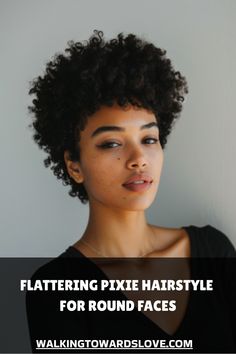 Person with a short curly pixie hairstyle, suitable for round faces. Hairstyle For Round Faces, Curly Pixie