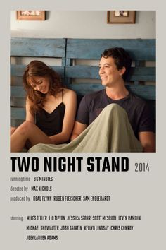 two nights stand poster with man and woman sitting on the bed smiling at each other