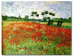 a painting of a field with red flowers