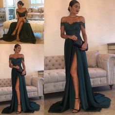 WD0160,Elegant Dark Green Evening Gowns Off-the-Shoulder Side Split Prom Dresses on Storenvy Side Split Prom Dress, Shoulder Applique, Green Evening Gowns, Split Prom Dresses, Long Sleeve Prom, Exclusive Dress, Long Prom Dresses, Satin Prom Dress, Prom Dresses With Sleeves