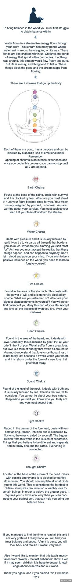 Basic knowledge about your chakras and how to open them. Text from "Avatar - the last airbender" Chakra Health, Energy Healing Spirituality, Basic Knowledge, Qi Gong