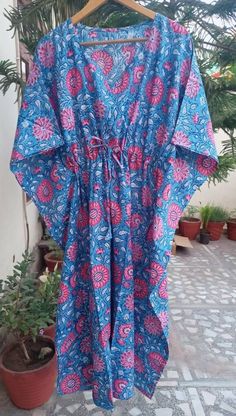 "These Kaftan we make from pure cotton Cambric Handblock print fabric. Handblock print gives it very unique look Size= Length 52\" Free size in chest . ." Summer Cotton Sleepwear For Beach, Multicolor Cotton Sleepwear For Vacation, Traditional Summer Home Dress, Short Sleeve Cotton Kimono For The Beach, Blue Relaxed Fit Kaftan For Beachwear, Blue Sleepwear With Kimono Sleeves For Summer, Blue Summer Sleepwear With Kimono Sleeves, Blue Relaxed Fit Beachwear Kaftan, Summer Multicolor Cotton Sleepwear