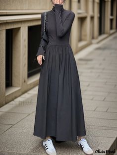 Olivia Mark - Stylish Black Long-Sleeved Maxi Dress Black Long Sleeve Maxi Dress, Long Sleeve Black Maxi Dress, Long Sleeve Maxi, Maxi Dress With Sleeves, Types Of Skirts, Long Sleeve Maxi Dress, Olivia Mark, A Line Skirt, Black Long Sleeve