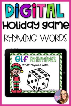 a digital holiday game for rhyming words with an elf on the front and side