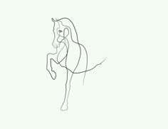 a line drawing of a horse with long manes and tail, standing on its hind legs