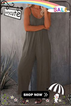 Gray Spaghetti Straps Wide Leg Pocketed Jumpsuits Casual Stretch Jumpsuits And Rompers For Summer, Casual Stretch Jumpsuits And Rompers With Spaghetti Straps, Casual Stretch Jumpsuits With Spaghetti Straps, Casual Jumpsuits And Rompers With Spaghetti Straps And Pockets, Casual Jumpsuits With Spaghetti Straps And Pockets, Casual Solid Color Spaghetti Strap Jumpsuit, Summer Solid Color Relaxed Fit Jumpsuits And Rompers, Summer Relaxed Fit Jumpsuits And Rompers In Solid Color, Summer Relaxed Fit Solid Color Jumpsuits And Rompers