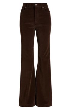 "Find FRAME Le Easy Flare Corduroy Flare Jeans on Editorialist. Stretchy corduroy in a chocolate-brown hue brings an indulgent look and feel to these full-length flare jeans. 31\" inseam; 22\" leg opening; 11\" front rise; 14 1/2\" back rise (size 29) Zip fly with button closure Five-pocket style 71% cotton, 22% rayon, 6% elasterell-p, 1% elastane Machine wash, dry flat Made in Turkey" Brown Flare Jeans, Jean Marron, Brown Flare Pants, Thrift Ideas, Flair Pants, Brown Flares, Style Bundle, Brown Jeans, Corduroy Jeans