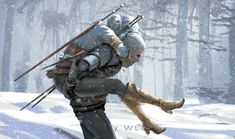 an image of a man in the snow with two swords on his back and one arm outstretched