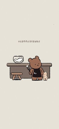 a brown teddy bear sitting on top of a wooden bench next to a white wall