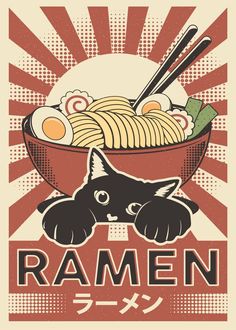 a poster with an image of a cat eating ramen