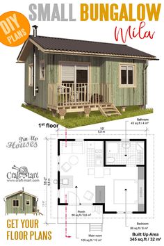 small house plans with the floor plan and measurements to make it look like a tiny cabin