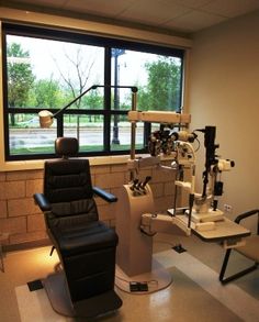 Examination room with windows so that patients may test prescription devices and sun filters in natural light. -The Chicago Lighthouse Low Vision Clinic Optometry Office, Low Vision, Office Inspiration, Furniture, Home Decor