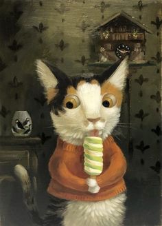 a painting of a cat wearing an orange sweater and holding a candy cane in its mouth