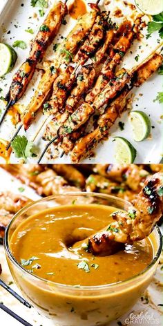 grilled chicken skewers with dipping sauce and garnished with cilantro