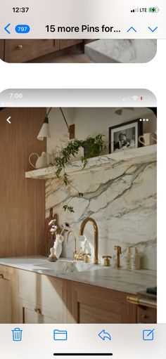 two screens show the same kitchen countertop and sink in different positions, one with marble