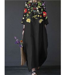 Summer Feminine Style Long Dress Round Neck Vintage Sweet Print Art Dress 3/4 Sleeve Vestidos Retro, Moda Retro, Vintage Floral Print, Art Dress, Maxi Dress With Sleeves, Medan, Floral Maxi, Ethnic Fashion, Plus Size Dress