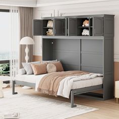 a bedroom with a bed, bookcases and a couch in it's corner