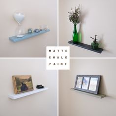 four different pictures of shelves with various items on them and the words matte chalk paint