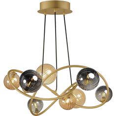 a chandelier with five glass balls hanging from the center and four lights on each end