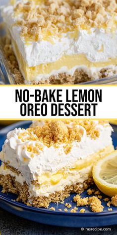 no - bake lemon oreo dessert on a blue plate with the title above it