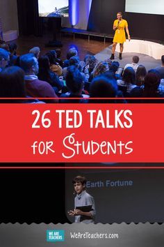 a man standing on top of a stage in front of an audience with the words 26 ted talks for students