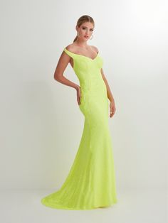 All-over sequin off-the-shoulder dress with a criss cross open back, trumpet skirt and sweep train. Fitted Long Off Shoulder Sequin Dress by Studio 17 12891 Studio 17 Collection by the House of Wu: Spring 2023 Fabric: Sequins Colors: Neon Yellow Sizes: 00 to 30 Details: Bra Cup, Fully Lined Fit: The model is 5'8" and is wearing 4" heels Occasions: Prom, Red Carpet, Gala, Wedding Guest, Debutante Ball, Military and Marine Ball, Evening Wear, Formal Gown, Pageant, Plus Size, Curvy Availability: If White Rehearsal Dress, Trumpet Silhouette, Studio 17, Dama Dresses, Military Ball Dresses, Rehearsal Dinner Dresses, Rehearsal Dress, Illusion Dress, Lace Bridesmaid Dresses